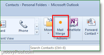 Az Outlook 2010 képernyőképe - kattintson az E-mail egyesítése elemre