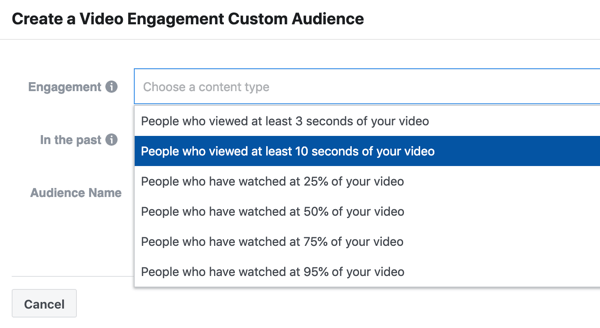 Hogyan népszerűsítheti élő eseményét a Facebookon, 9. lépés: hozzon létre egy videós elköteleződési kampányt olyan emberekből, akik legalább 10 másodpercig megtekintették a videódat