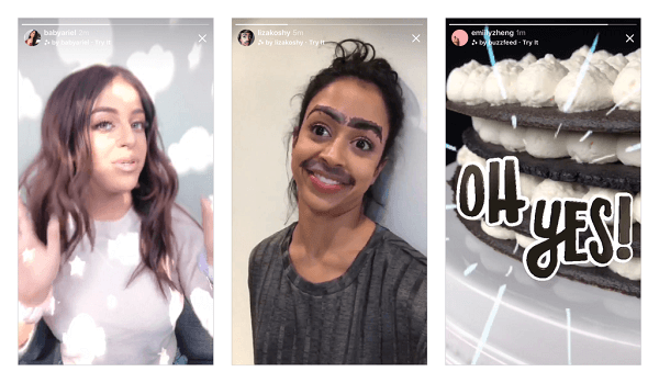 Az Instagram Ariana Grande, Buzzfeed, Liza Koshy, Baby Ariel és az NBA által tervezett új fényképezőgép-effektusokat az Instagram kamerájában hozta létre, és hamarosan további új effektusokat tervez hozni.