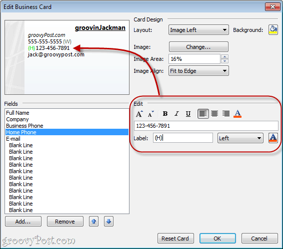 Formázza a mezőket a vCard alkalmazásban az Outlook 2010 alkalmazásban