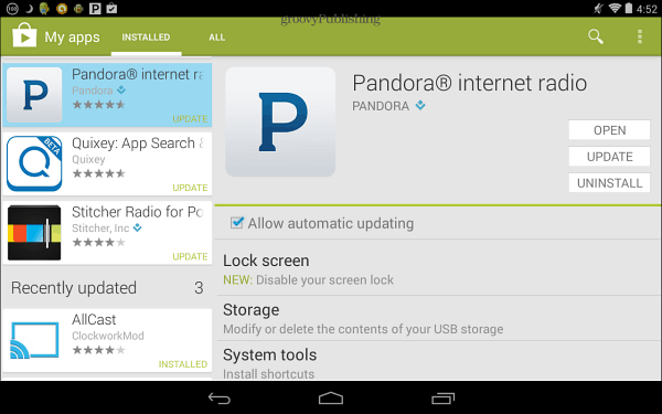 Pandora frissítés a Google Play Áruházban