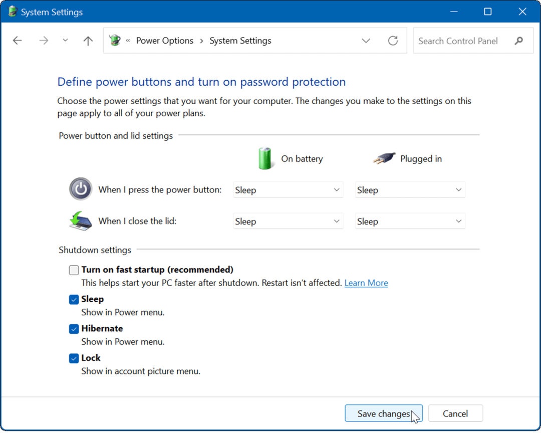 kapcsolja ki a Windows 11 gyorsindítását