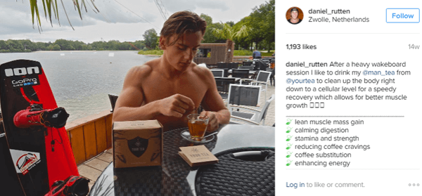 Daniel Rutten sportoló a Man Tea-vel pózol, és kiemeli Instagram-követőinek előnyeit.