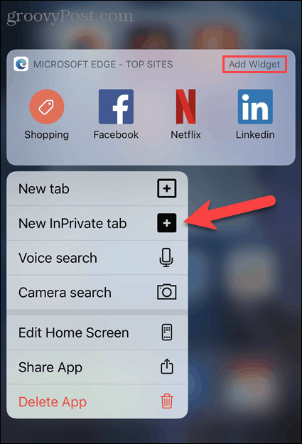 Válassza az Új InPrivate lapot az Edge ikonról az iOS rendszerben