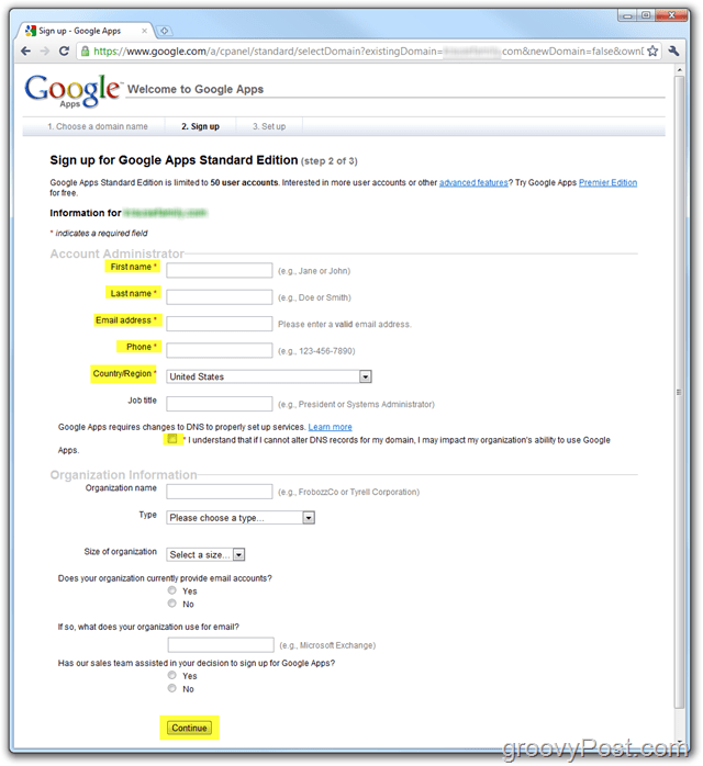 A Google Apps Standard Edition regisztráció adja meg a domaint