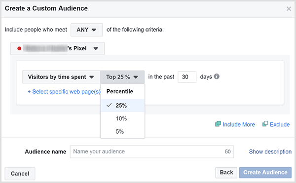A Facebook létrehozása Egyedi közönség párbeszédpanelen lehetőségek vannak hirdetések célzására azokra az ügyfelekre, akik a legtöbb időt töltötték a webhelyén.