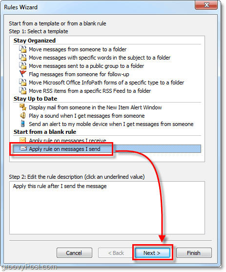 alkalmazza a szabályokat az Outlook 2010-ben küldött üzenetekre