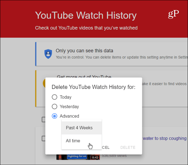 Törölje a YouTube Watch előzményeit
