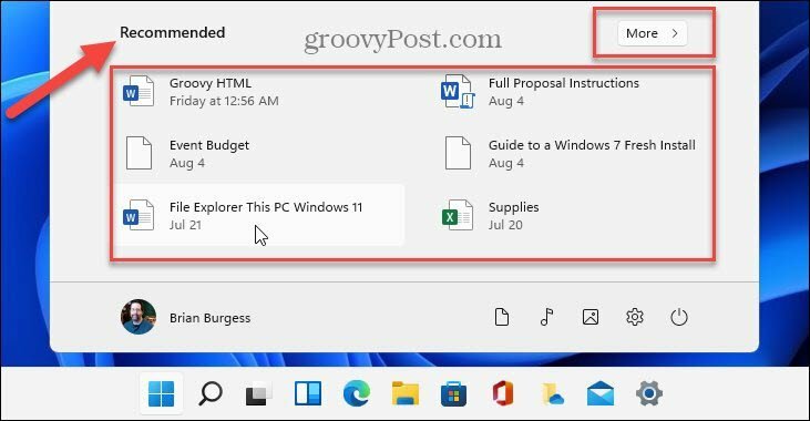 Ajánlott elemek megjelenítése Windows 11