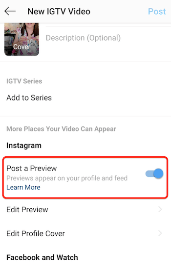 instagram igtv új videó menüopciók aktiválva az előnézet közzétételét