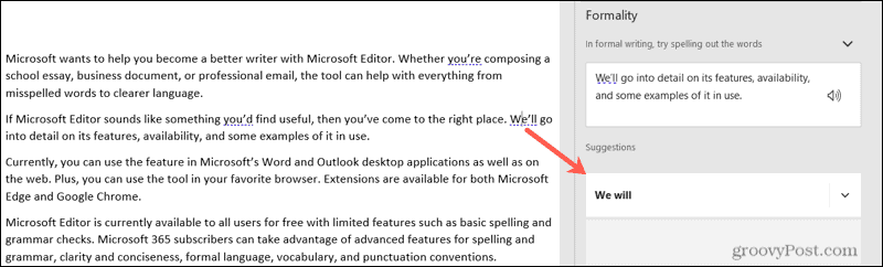 Microsoft Editor javaslat