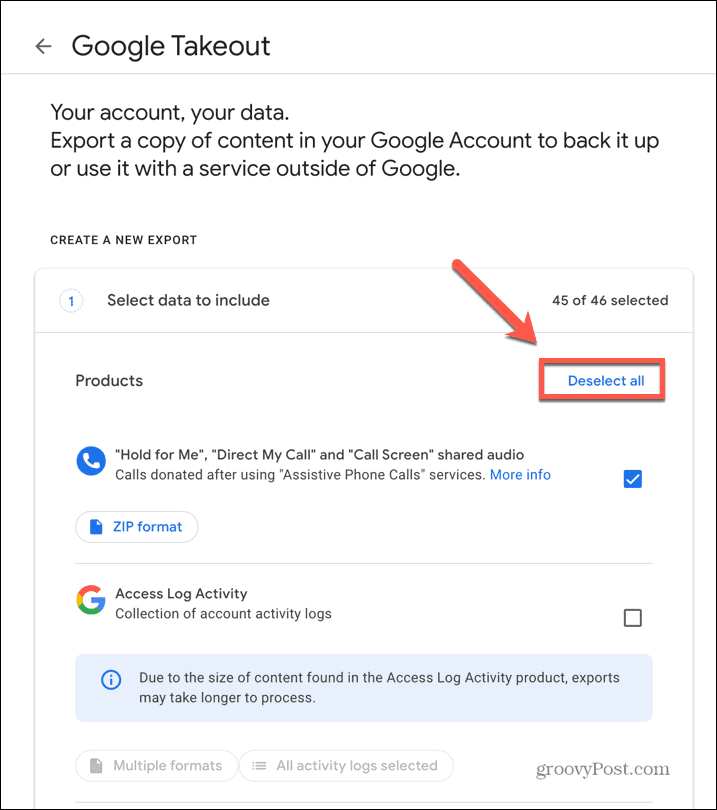 google takeout törölje a kijelölést