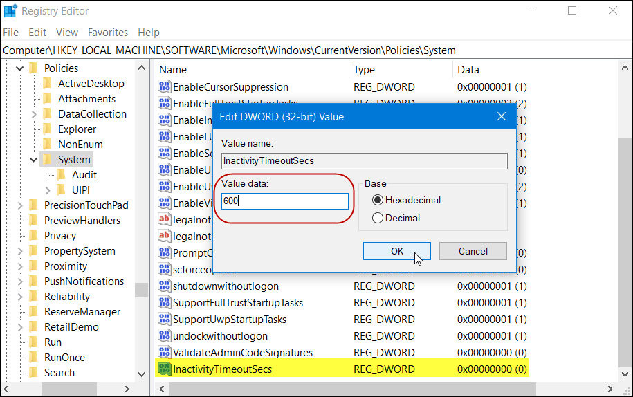 InactivityTimeoutSecs Registry Windows 10 Home verzió