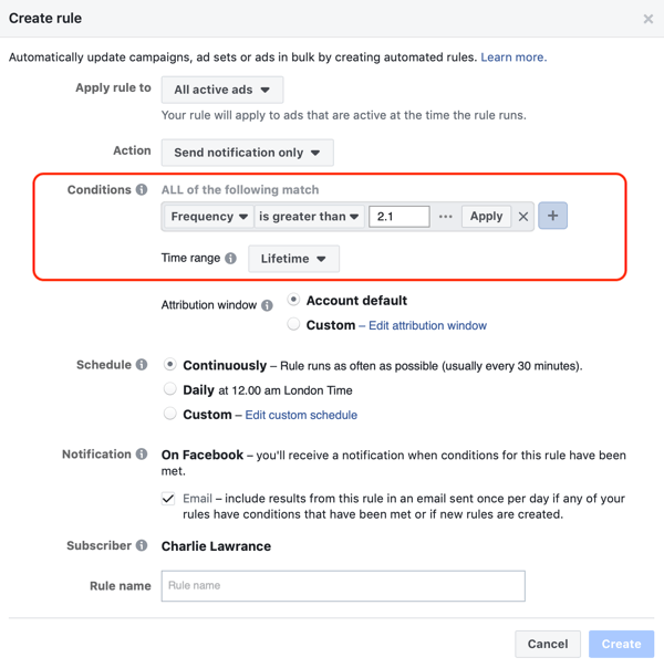 Használja a Facebook automatizált szabályait, értesítést, ha a hirdetési gyakoriság meghaladja a 2.1-et, 2. lépés, a feltételek beállításai
