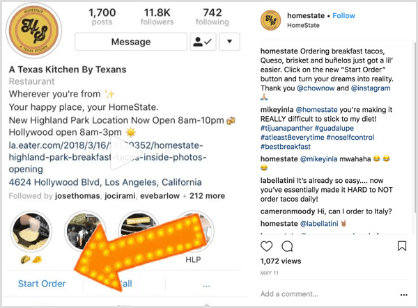 példa az Instagram üzleti bejegyzésére, amely megmutatja a felhasználóknak, hogyan kell használni a Start rendelés művelet gombot