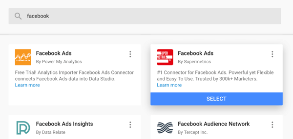 A Google Data Studio segítségével elemezheti Facebook-hirdetéseit, 4. lépés: lehetőség a Supermetrics Facebook Ads-csatlakozójának adatforrásként történő használatára