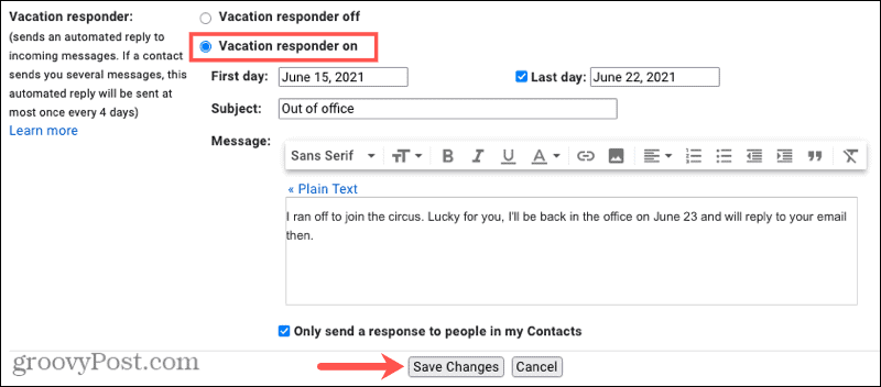 A Gmail online irodai üdülési válaszadója 