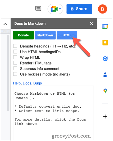 Konvertálja HTML-be a Dokumentumok használatával Markdown-ra a Google Dokumentumokban