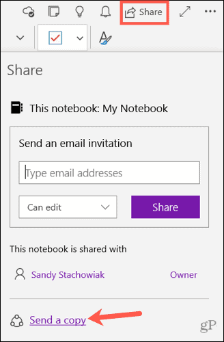 Egy jegyzet másolatának küldése a OneNote for Windows 10 rendszerben