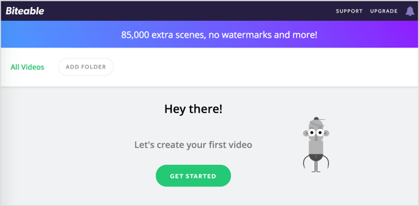 Kattintson az Első lépések gombra egy új Biteable videó létrehozásához.