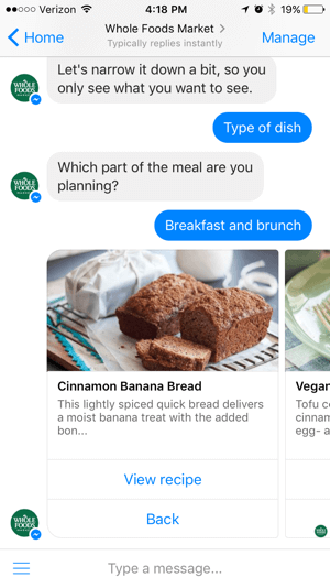 A Whole Foods chatbot tartalom révén kínál értéket, nem pedig közvetlenül a felhasználóknak ad el.