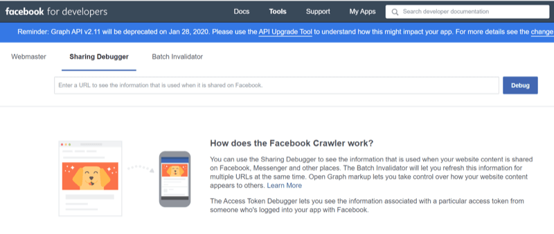 A Facebook Sharing Debugger eszköz használatának 1. lépése