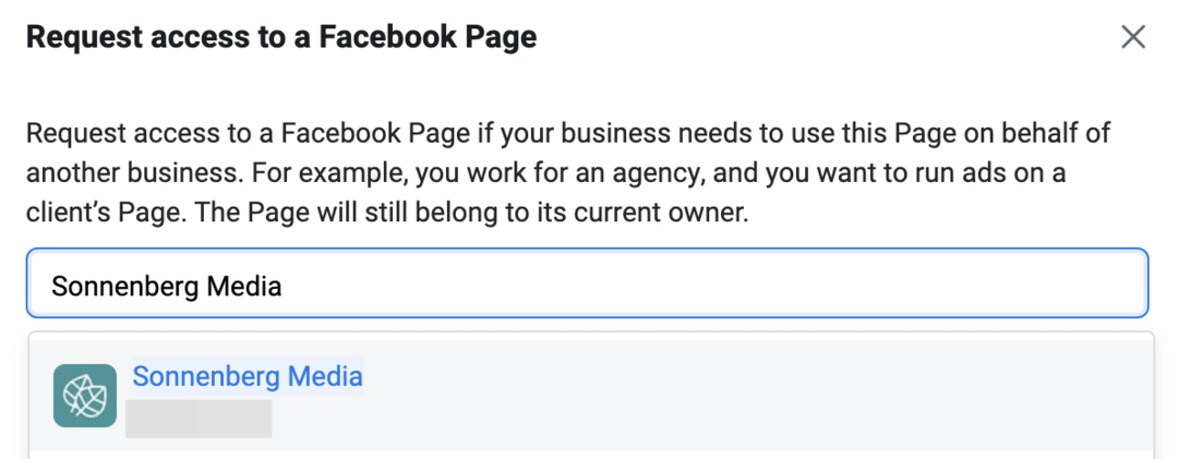 Facebook-oldalhoz való hozzáférés kérése képernyő képe a Meta Business Managerben
