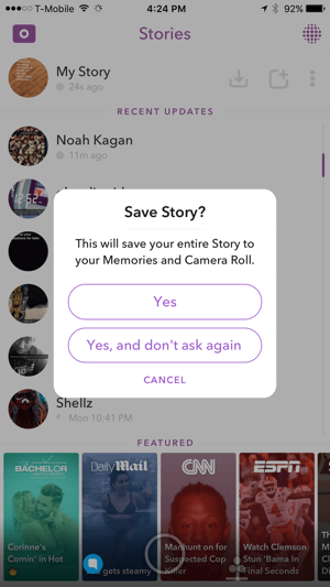 Koppintson az Igen gombra a Snapchat-történet mentéséhez.