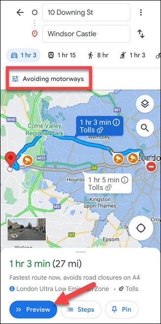 Google Maps mobil útvonal autópályák nélkül