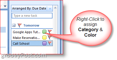 Outlook 2007 teendő sáv - Kattintson a jobb gombbal a Feladat elemre a színek és a kategória kiválasztásához