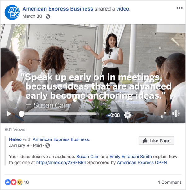 Ebben az American Express Business Facebook-hirdetésében Susan Cain, egy jól ismert vezetési és menedzsment szakértő szerepel, aki hírnevet szerzett egy nemrégiben közzétett TED Talk segítségével.