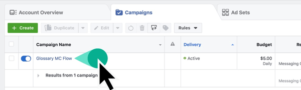 Keresse meg kampánynevét a Facebook Ads Manager alkalmazásban.