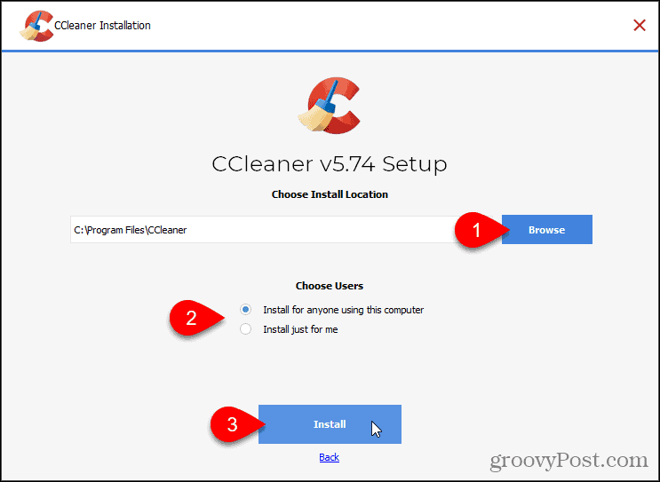 Kattintson a Telepítés gombra a CCleaner telepítéséhez