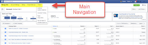 facebook ads manager fő navigáció