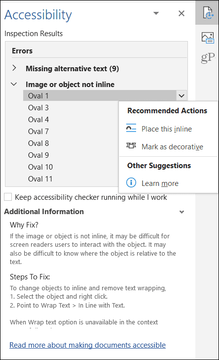 Microsoft Office Accessibility Checker Object Results