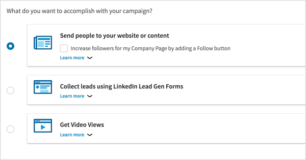 Válassza ki a LinkedIn videohirdetési kampány célját.