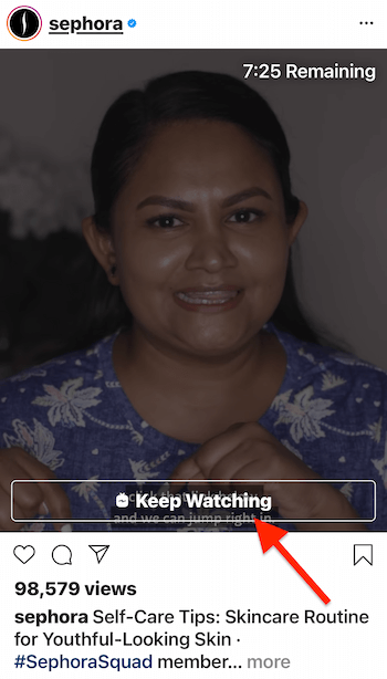 instagram igtv video preview by @sephora with the 'keep watching' video end button highlighted