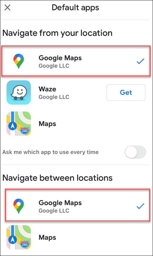 a gmail google maps alapértelmezettként kiválasztva