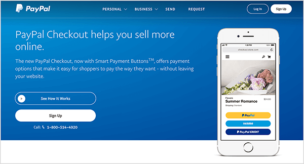 Ez egy képernyőkép a PayPal Checkout szolgáltatás weboldaláról. Kék háttérrel és fehér szöveggel rendelkezik. A címsor azt mondja: „A PayPal Checkout segít többet eladni az interneten.” Két gomb jelenik meg a címsor alatt: egy kék a See How It felirattal Works és egy fehér felirattal Sign Up. A jobb oldalon egy okostelefon képe található a PayPal Checkout funkcióval a mobilon weboldal.