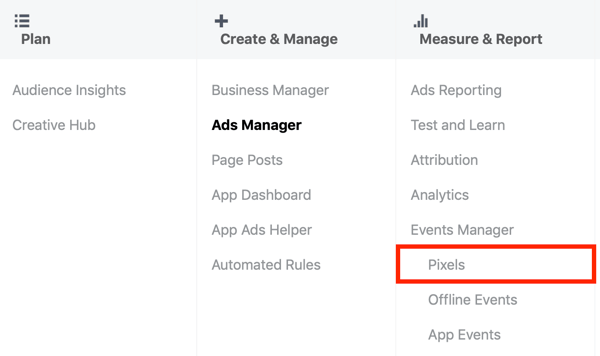 Használja a Facebook eseménybeállító eszközének 1. lépését, a Pixels menüpontot a Facebook Ads Manager alkalmazásban