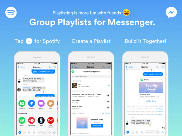 A Spotify kibővítette Messenger botjának funkcionalitását, lehetővé téve a csoportok számára, hogy lejátszási listákat építsenek közvetlenül a Messenger alkalmazásból.