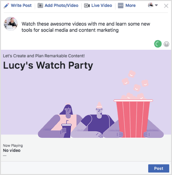 A Facebook Watch Party bejegyzés közzétételéhez kattintson a Közzététel elemre.