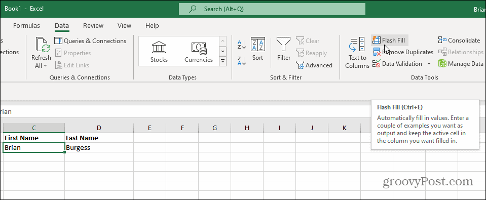 Adateszközök Flash Fill Excel