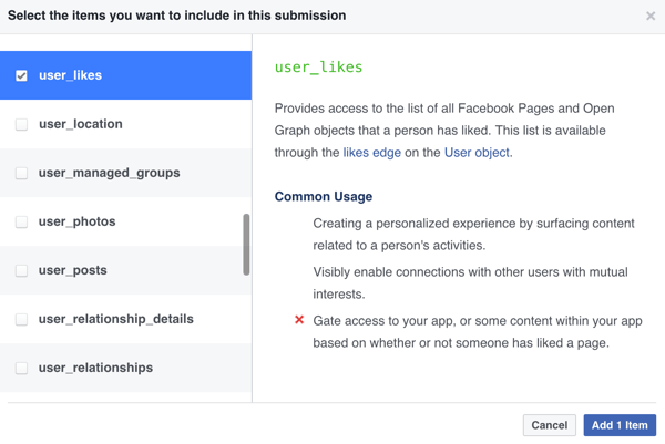 Válassza ki, mely elemeket szeretné felvenni a Facebook alkalmazás beküldésébe.