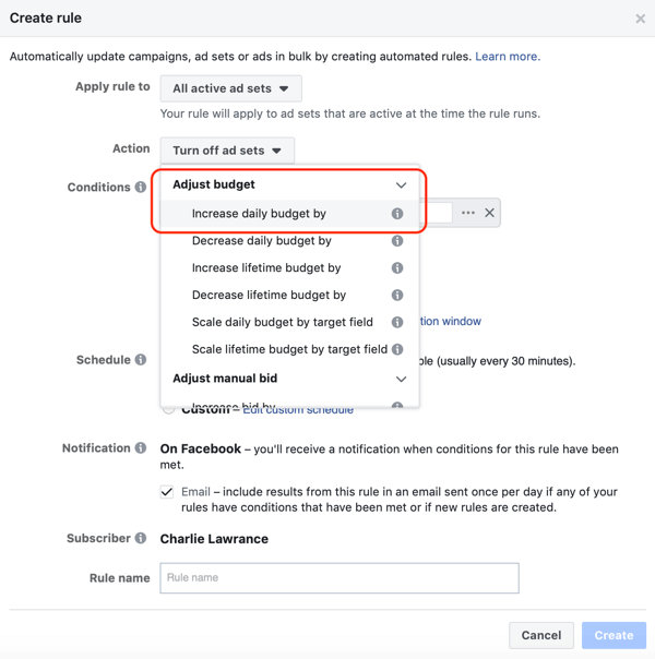Használja a Facebook automatizált szabályait, növelje a költségkeretet, amikor a ROAS nagyobb, mint 2, 1. lépés, állítsa be a műveletet