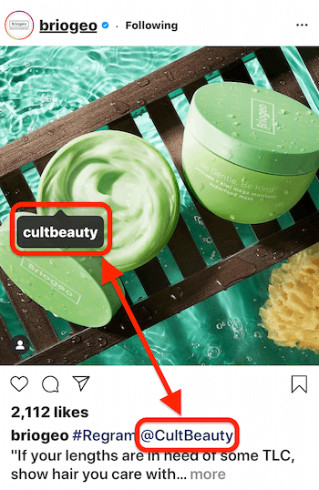 @briogeo instagram bejegyzése, amelyen a @cultbeauty címkéje és a @mention felirat látható, akinek a terméke megjelenik a képen