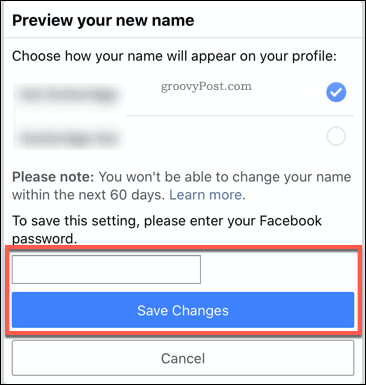 A Facebook névváltoztatás megerősítése a mobilalkalmazásban
