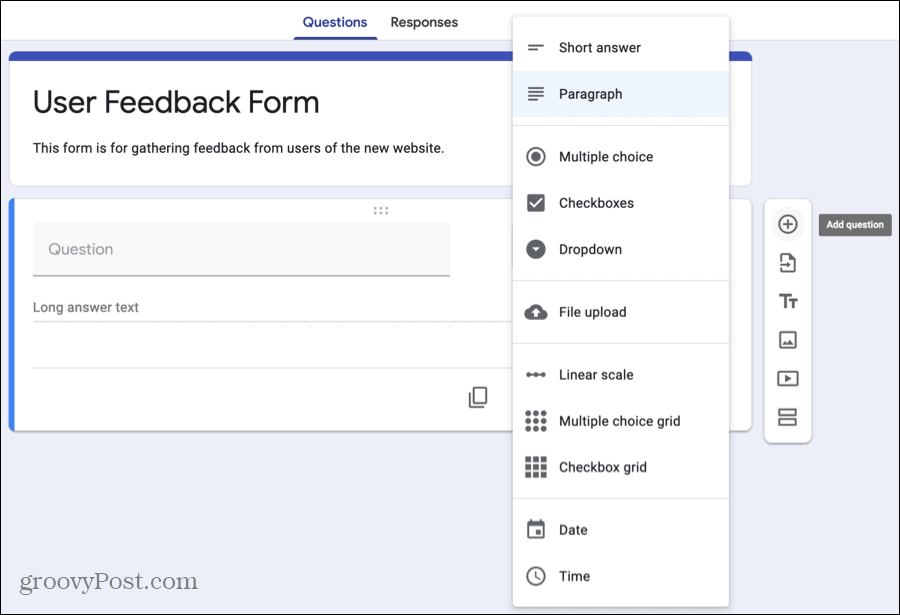 A Google Forms kérdés és választási típus hozzáadása