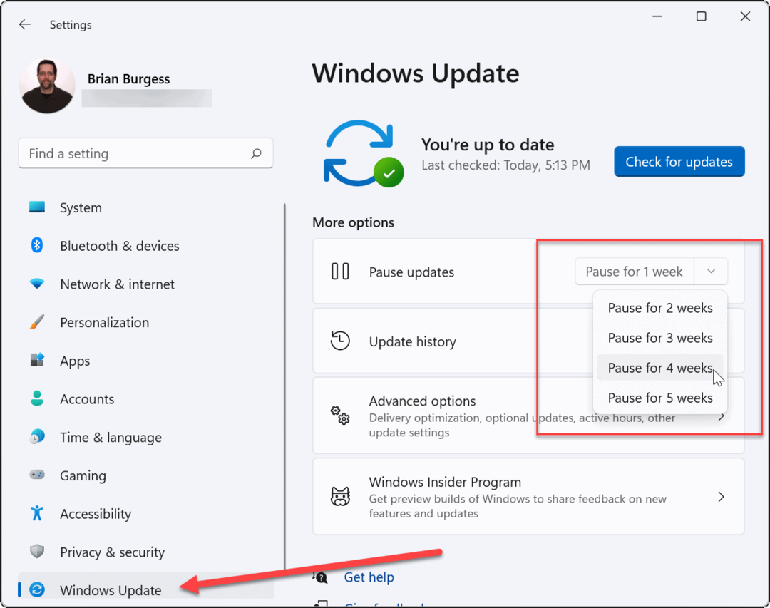Új hetek A Windows 11 frissítés szüneteltetése