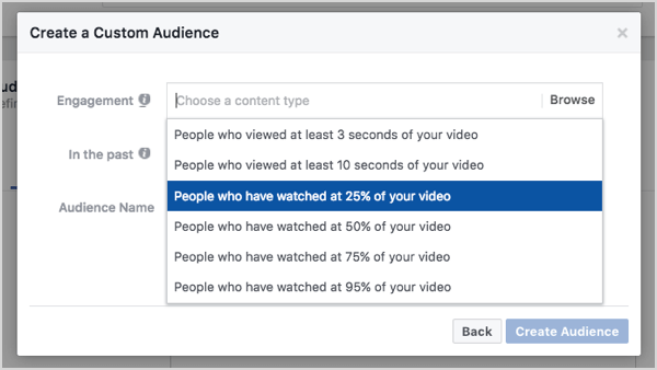 Facebook egyéni közönség, 25% -os videomegtekintés alapján.